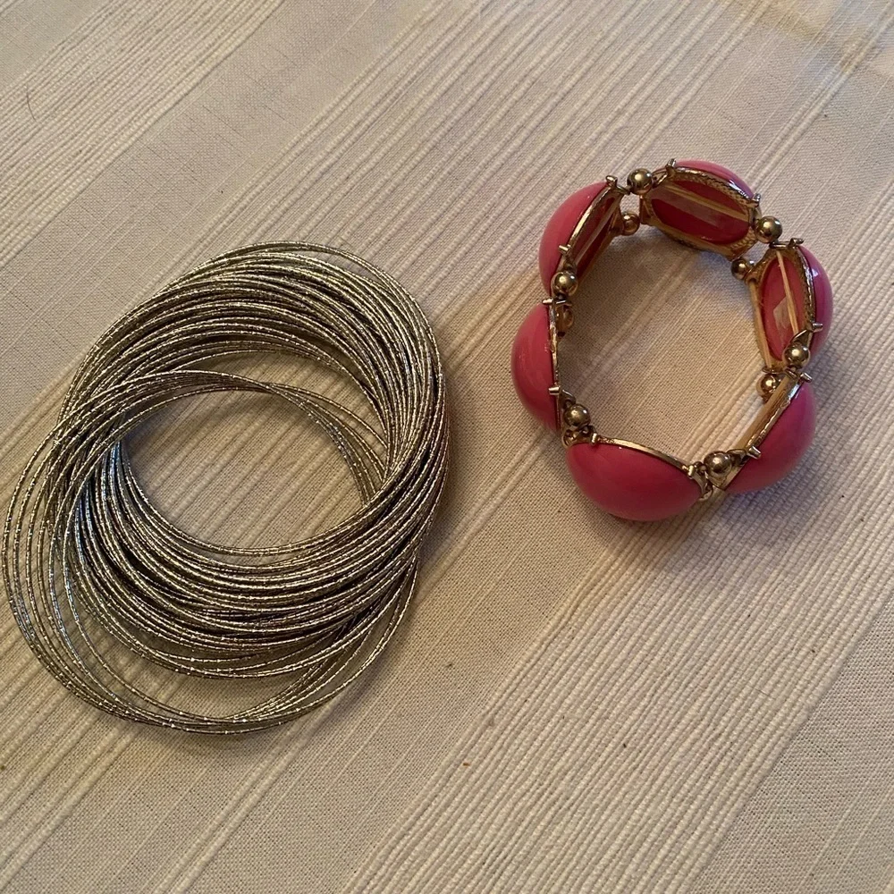 Set of Bangle Bracelets and Single Pink Chunky Bracelet